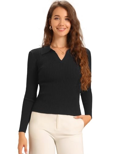 Allegra K Strickbluse für Damen, Umlegekragen, V-Ausschnitt, Pullover Schwarz S von Allegra K