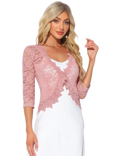 Allegra K Strickjacken Für Damen 3/4-Ärmeln Häkeljacke Spitze Bolero Jacke Elegant Rosa L von Allegra K