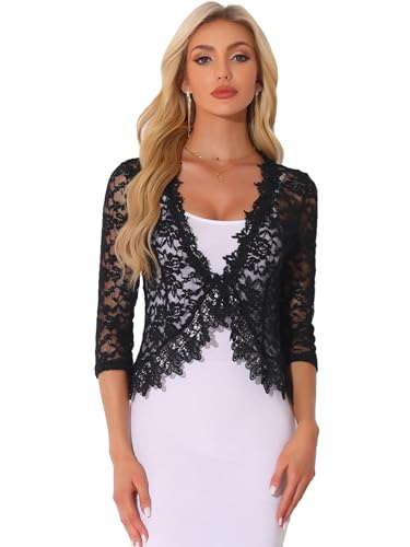 Allegra K Strickjacken Für Damen 3/4-Ärmeln Häkeljacke Spitze Bolero Jacke Elegant Schwarz XL von Allegra K