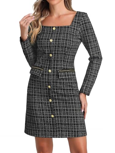 Allegra K Tweed-Kleid für Damen, lange Ärmel, quadratischer Ausschnitt, knielang, Schwarz , L Allegra K Tweed-Kleid für Damen, lange Ärmel, quadratischer Ausschnitt, knielang, Schwarz , L von Allegra K