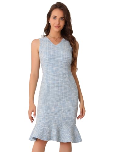 Allegra K Tweedkleid für Damen, ärmellos, V-Ausschnitt, Rüschen, figurbetont, kariert Weiß Blau S von Allegra K