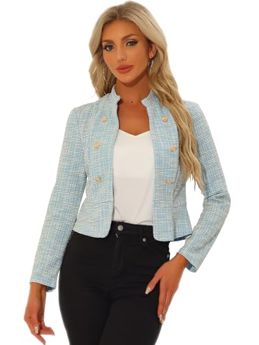 Allegra K Vintage Tweed-Blazer für Damen, Stehkragen, Arbeit, Büro, offene Vorderseite, kurze Jacke, hellblau, M von Allegra K