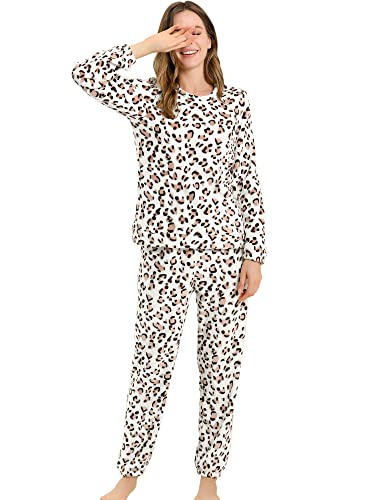 Allegra K Winter-Pyjama-Sets für Damen, niedlich, bedruckt, langärmelig, Nachtwäsche, Oberteil und Hose, Loungewear, weiche Nachtwäsche Gr. 34, Leopardenmuster von Allegra K