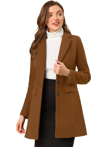 Allegra K Wintermantel für Damen mit gekerbtem Revers, einreihig geknöpft, Dunkelbraun, L von Allegra K