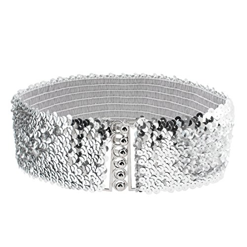 sourcing map Sequin Dekor elastisch 6,5cm breite Tailenbund Cinch Taillengürtel für Damen Silber von Allegra K