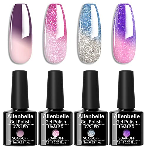 Allenbelle UV Nagellack Thermo Set 4 Farben Mit Geschenkbox,Gel Nagellack Farbwechsel Shellac Set Uv Gel Nail Art,Soak Off Uv Thermo Nagellac von Allenbelle