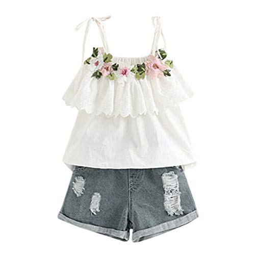 Allence Kleinkind Kinder Mädchen Sommer Kleidung Baby Mädchen Outfits Blumen Kurze Ärmel Muster Shirt Top Shorts Set Kleidung für 3-8 Jahre (100, Weiß) von Allence Mädchen Röcke