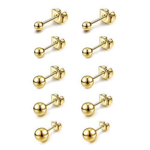AllerPierce Kugel Ohrstecker 10 Stücke Edelstahl Ohrstecker Set 3-8mm Studs Perlen Ohrringe Knorpel Ohr Piercing Unisex Ohrschmuck Silber Gold Schwarz Rosegold von AllerPierce