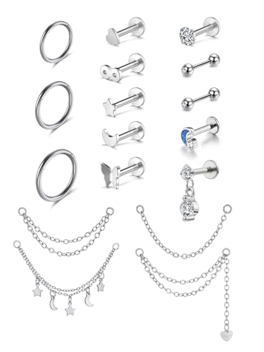 AllerPierce 17 Stück Ohrpiercing Set Chirurgenstahl 16G Helix Tragus Knorpel Flatback Piercing Ohrstecker Schmuck Damen von AllerPierce