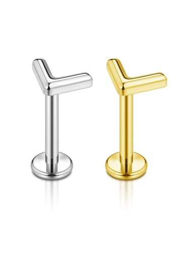 AllerPierce 2 Stück V-Form Ohrpiercing Silber/Gold 16G Helix Tragus Piercing Flatback Ohrstecker Titan Ohrschmuck Damen Männer von AllerPierce