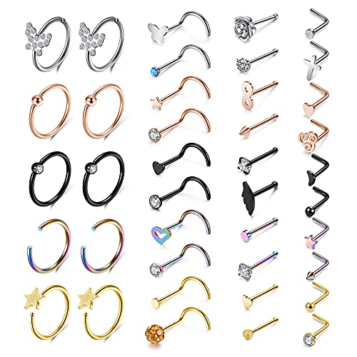 AllerPierce 40/45 Stück 20G Nasenstecker Nasenring Chirurgenstahl Nasenpiercing Set Knorpel Helix Tragus Septum Piercing Schmuck für Damen von AllerPierce