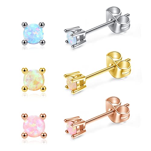 AllerPierce Opal Ohrstecker, 3 Paare Bunt Ohrringe mit Opal Stein Geburtsstein Kleiner Ohrstecker Ohrpiercing Set Schmuck für Damen Mädchen, 20g 10mm Silber Gold Rosegold von AllerPierce