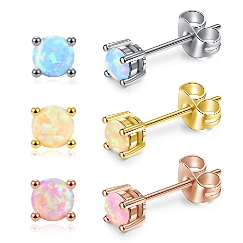 AllerPierce Opal Ohrstecker, 3 Paare Bunt Ohrringe mit Opal Stein Geburtsstein Kleiner Ohrstecker Ohrpiercing Set Schmuck für Damen Mädchen, 20g 10mm Silber Gold Rosegold von AllerPierce