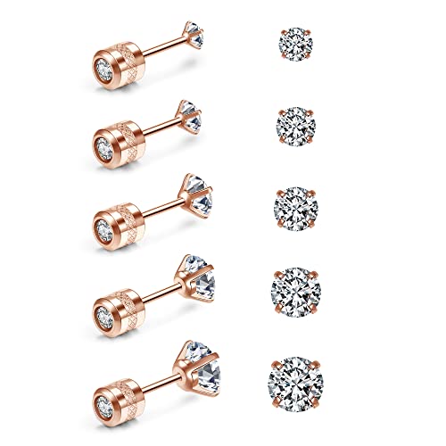 AllerPierce 5 Paare Edelstahl Ohrringe mit Doppelseitig Zirkonia Knorpel Tragus Piercing Stecker Beidseitig Nutzbar Ohrstecker Set für Damen Mädchen 2mm-6mm von AllerPierce