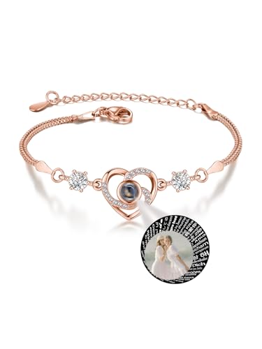 AllerPierce Armband mit Foto personalisierte Projektion Armband im Stein, 100 Sprachen Ich Liebe Dich Gold Herz Armkette Geschenke für Mama Freundin von AllerPierce