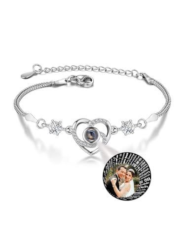 AllerPierce Armband mit Foto personalisierte Projektion Armband im Stein, 100 Sprachen Ich Liebe Dich Silber Herz Armkette Geschenke für Mama Freundin von AllerPierce
