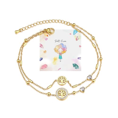 AllerPierce Edelstahl 18K vergoldet Doppelte Fußketten Damen Lebensbaum/Herz Fußkettchen Strand Fußschmuck Frauen Geschenke für Freundin (Lebensbaum) von AllerPierce