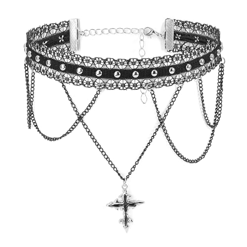 AllerPierce Gothic Choker mit Kreuz Anhänger Lace Spitze Halsband Schwarz Retro Schmuck Damen Karneval Halloween Accessories von AllerPierce