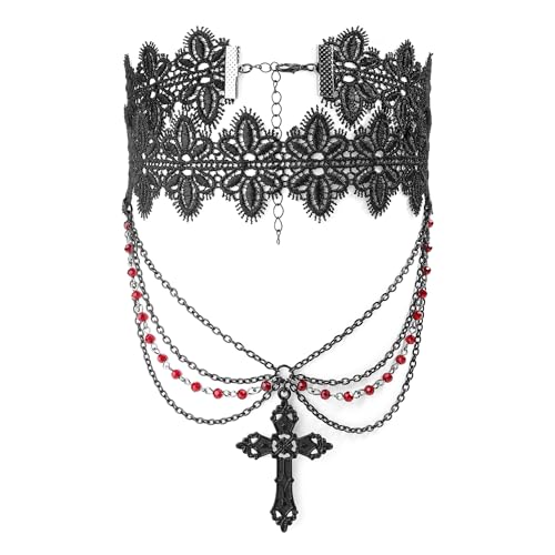 AllerPierce Gothic Choker mit Kreuz Anhänger Lace Spitze Halsband Schwarz Retro Schmuck Damen Karneval Halloween Accessories von AllerPierce