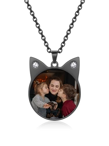 AllerPierce Katze Foto Kette mit Gravur Damen Katze Anhänger mit Foto Gravur Fotos Anhänger Damen Charms Halskette Geschenk für Damen(Schwarz) von AllerPierce