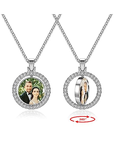 AllerPierce Personalisierte Foto Halskette mit 360 Grad drehbar Rund Anhänger Doppelseitig Fotos Anhänger Charms Halskette Geschenk für Freundin Ehefrau Mama Oma Familie Silber von AllerPierce