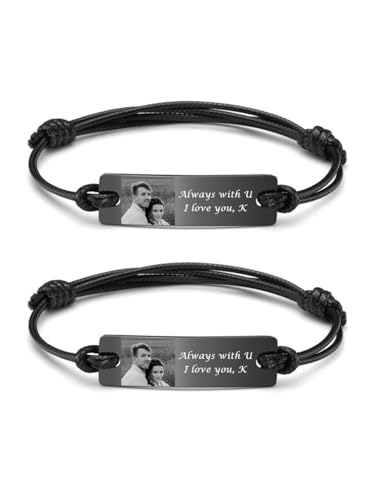 AllerPierce Personalisierter Unisex Armband Lederarmband mit Foto&Text Gravur, mit Edelstahl Memorial Medaillon 6.9"-10" Verstellbar Armreif für Damen Herren （Text-&Fotogravur*2） von AllerPierce