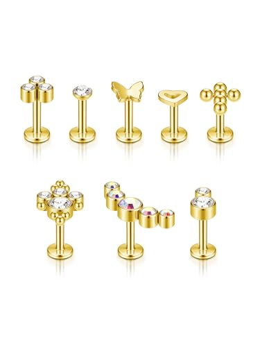 AllerPierce Tragus Piercing Gold 16ga 10mm chirurgenstahl Ohrpiercing Herz Kreuz Halbmond Schmetterling CZ Ohrstecker für Damen von AllerPierce