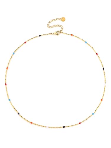 AllerPierce Zierliche Schlüsselbein Kette mit Bunte Perlen 18K Vergoldete Edelstahl-Halskette Choker Mode Schmuck Geschenk von AllerPierce