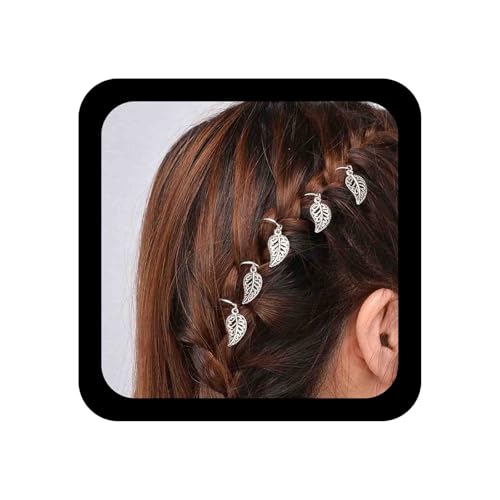 Allereya Blatt Haarzopf Ringe Silber Dreadlocks Blatt Hoop Zopf Haar Ringe Clips Winziges Blatt Anhänger Haar Dekoration Clips Dreadlocks Haar-Accessoires Für Frauen Und Mädchen 5pcs (Silber Blatt) von Allereya