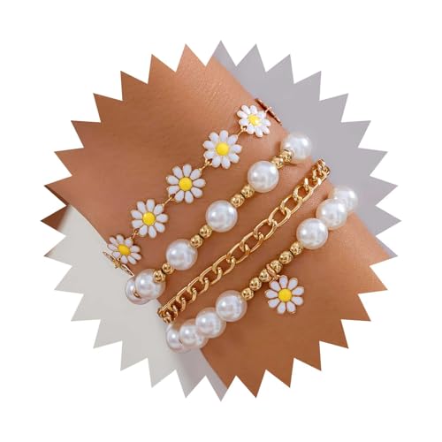 Allereya Boho Daisy Flower Armband Blumen Perlenarmband Gold Perlenarmband Blumenarmband Kubanisches Kettenarmband Verstellbares Perlen Handkettenarmband Schmuck Für Frauen von Allereya