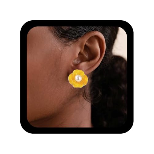 Allereya Boho Gelbe Blumen Ohrstecker Perlen Ohrstecker Kamelie Blumen Ohrring Emaille Blume Ohrring Braut Perlenschmuck Für Frauen von Allereya