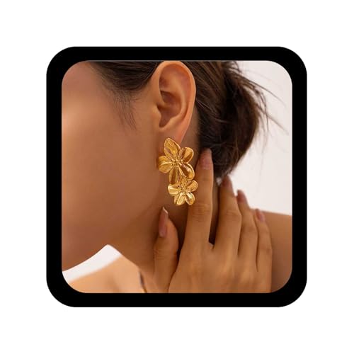 Allereya Boho Große Doppelte Blume Ohrringe Gänseblümchen Floral Drop Ohrring Gold Metall Floral Baumeln Ohrringe Blume Erklärung Ohrring Matt Blütenblatt Schmuck Für Frauen von Allereya