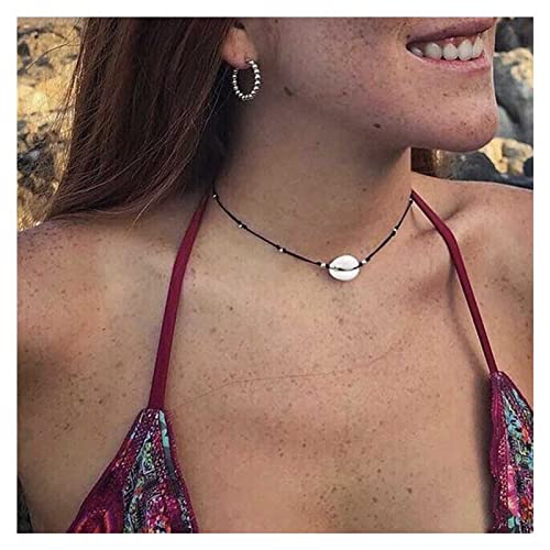 Allereya Boho Kaurimuschel-Halskette, schwarze Lederband-Halskette, silberne Perlen-Halskette, Punk-Leder-Halskette, Schmuck für Frauen und Mädchen von Allereya
