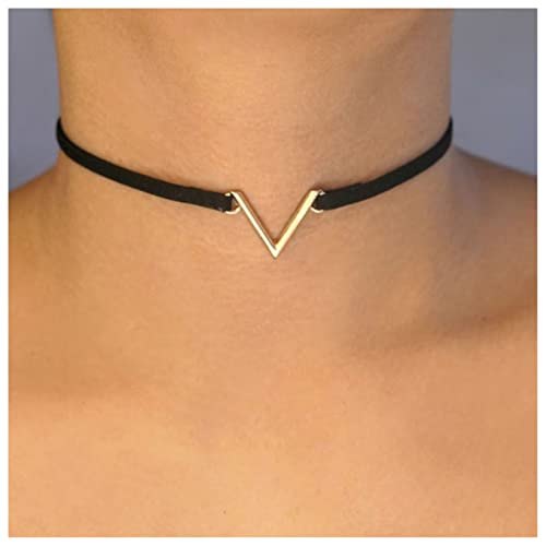 Allereya Boho Layered Leather Choker Halskette Black Suede Choker Halskette Punk Velvet Ribbon Choker Halskette Kette Geometric V Choker Halskette Schmuck für Frauen und Mädchen von Allereya