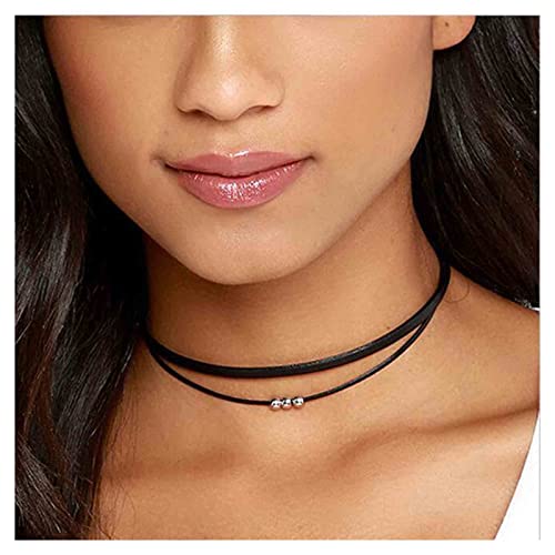 Allereya Boho Layered Wildleder Halskette Schwarzer Samt Halsband Gothic Leder Halskette Silber Perlenkette Retro Halskette Schmuck für Frauen und Mädchen Geschenke (Schwarz) von Allereya