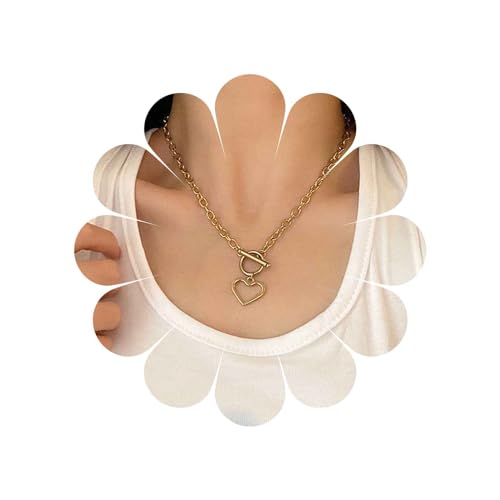 Allereya Boho Love Heart Choker Halskette Gold Büroklammer Halskette Herz Toggle Halskette Offener Kreis T Bar Halsketten Kette Schmuck für Frauen und Mädchen (Gold) von Allereya