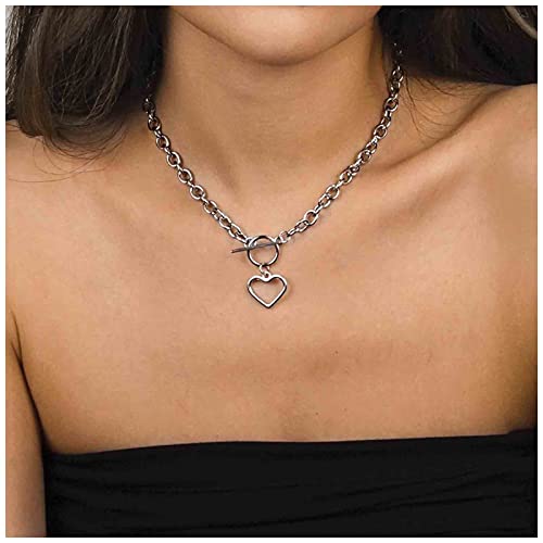 Allereya Boho Love Heart Choker Halskette Silber Büroklammer Halskette Herz Toggle Halskette Offener Kreis T Bar Halsketten Kette Schmuck für Frauen und Mädchen (Silber) von Allereya