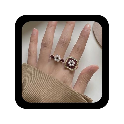 Allereya Boho Perle Blume Ring Braun Quadratischen Ring Quadratischen Siegelring Perle Floral Ring Einstellbar Perle Fingerring Quadratischen Knall Ring Schmuck Für Frauen von Allereya