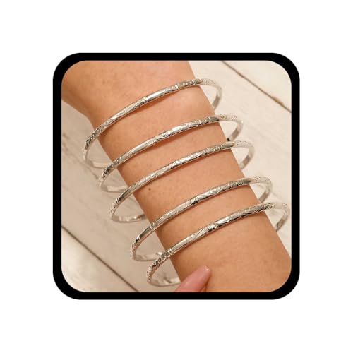 Allereya Boho Silber Armreif Armband Gefüllt Gehämmert Armband Textur Stapeln Armband Dünne Runde Armreif Armbänder Scharnier Klassische Armband Schmuck-Set Für Frauen (silver1) von Allereya