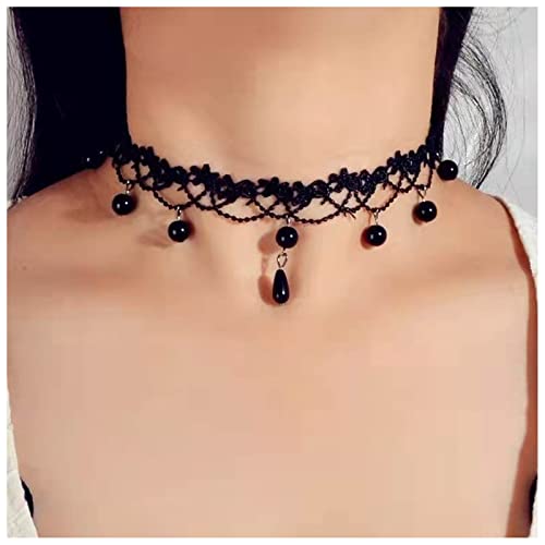 Allereya Choker-Halskette mit schwarzer Spitze, schwarze Tropfen-Kristall-Halskette, Gothic, hohle Spitze, 90er Jahre, viktorianische Tattoo-Halskette, Schmuck für Frauen und Mädchen (schwarz) von Allereya