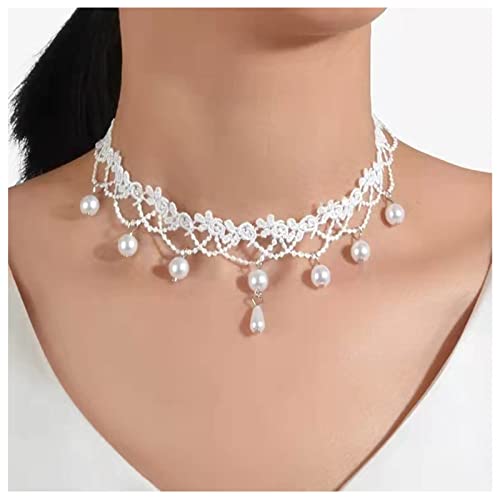 Allereya Choker-Halskette mit weißer Spitze, weiße Tropfen-Kristall-Halskette, gotische Hohlspitzen-Halskette, 90er Jahre, viktorianische Tattoo-Halskette, Schmuck für Frauen und Mädchen (weiß) von Allereya