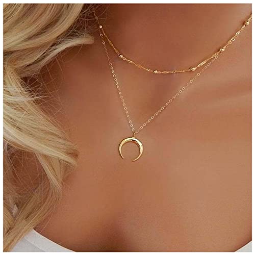 Allereya Crescent Moon Halskette Choker Mehrlagige Gold Halbmond Halskette Mond Anhänger Halskette Satellitenkette Halskette Schmuck für Frauen und Mädchen (Gold) von Allereya