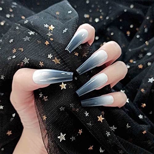 Allereya Extra Lange Coffin Fake Nails Ombre Weiß Blau Press on Nails Ballerina Gradient Acrylnägel Tipps Prom Party Clip on Nails für Frauen und Mädchen 24 Stück (Weiß + Blau) von Allereya