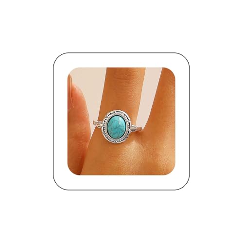 Allereya Gotische ethnische türkisfarbene Ring Blau Edelstein Ring Silber türkis ovaler Ringe Verstellbare offene Fingerringe Schmuck für Frauen von Allereya
