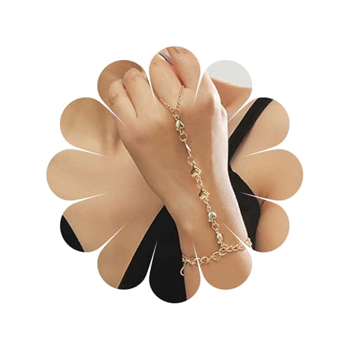 Allereya Herz Fingerring Armband Gold Herz Sklaven Armband Handkette Love Herz Armband Minimalistisches Armband Handgeschirr Kette Braut Handschmuck für Frauen und Mädchen von Allereya