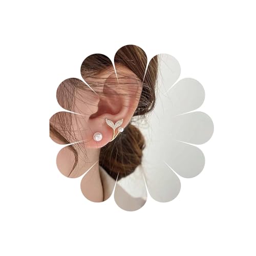 Allereya Kristall-Fischschwanz-Ohrjacken-Ohrringe Gold-Meerjungfrau-Perlen-Ohrstecker Personalisierte Walschwanz-Ohrringe Vorderseite Rückseite Ohrringe Schmuck für Frauen und Mädchen von Allereya