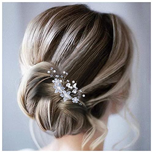 Allereya Kristall Perle Hochzeit Haarkamm Haarspange Strass Perle Blume Haarkamm Haarspange Silber CZ Blume Bling Braut Kopfschmuck Perlenkopf Kamm Braut Haarschmuck für Frauen und Mädchen (Silber) von Allereya