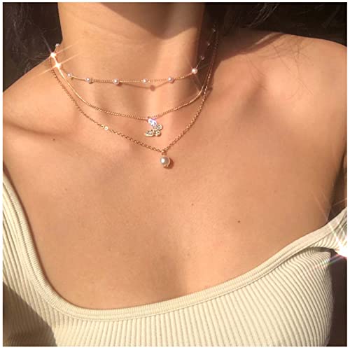 Allereya Kristall-Schmetterlings-Halskette Perlen-Anhänger-Halskette Kleine Perlenkette Gold-geschichtete Halskette Vintage-Schmuck für Frauen und Mädchen von Allereya