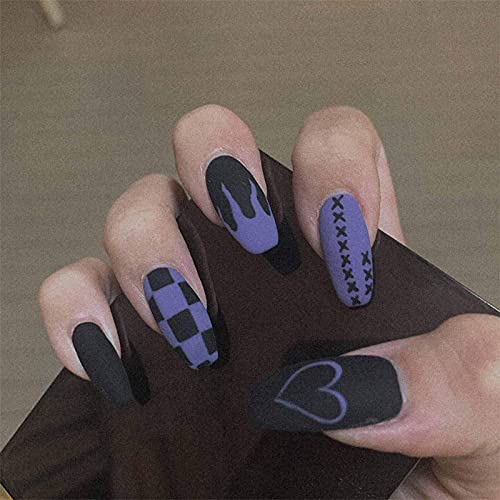 Allereya Lange Sarg Presse Auf Nägel Herz Lila Gefälschte Nägel Matte Clip Auf Fingernägel Volle Abdeckung Künstliche Falsche Nägel Für Frauen Und Mädchen 24pcs von Allereya