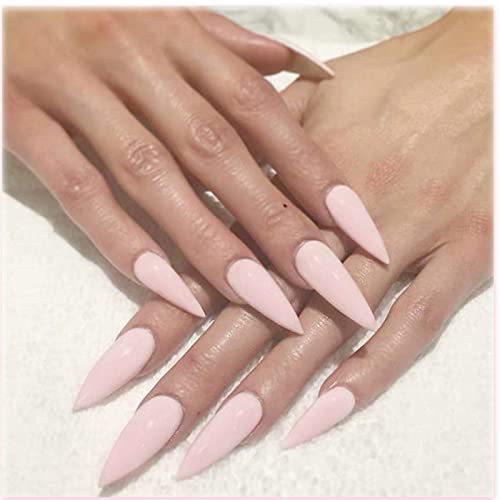Allereya Mandel-Presse auf den Nägeln Pink Stiletto Fake Nails Verjüngter Clip auf den Nägeln Mittelgroße French Full Cover Acrylnägel Tipps für Frauen und Mädchen 24 Stück (Pink) von Allereya